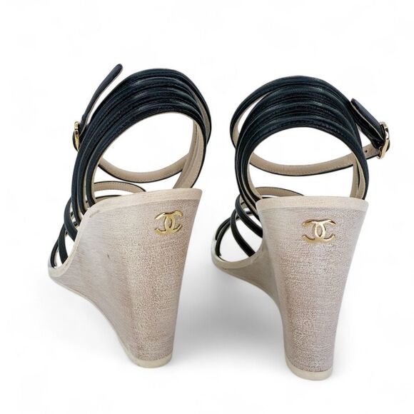 CHANEL Black & Eggshell CC Logo Wedge Heel Sandals IT38.5 - Picture 3 of 10
